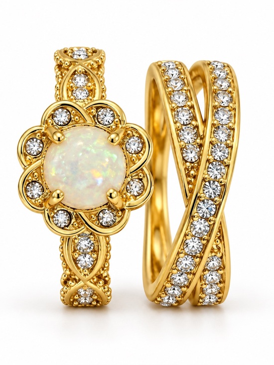 Zara Jewelry - Gold-Tone Opal-Look Floral & Crossover Ring Set (R40)